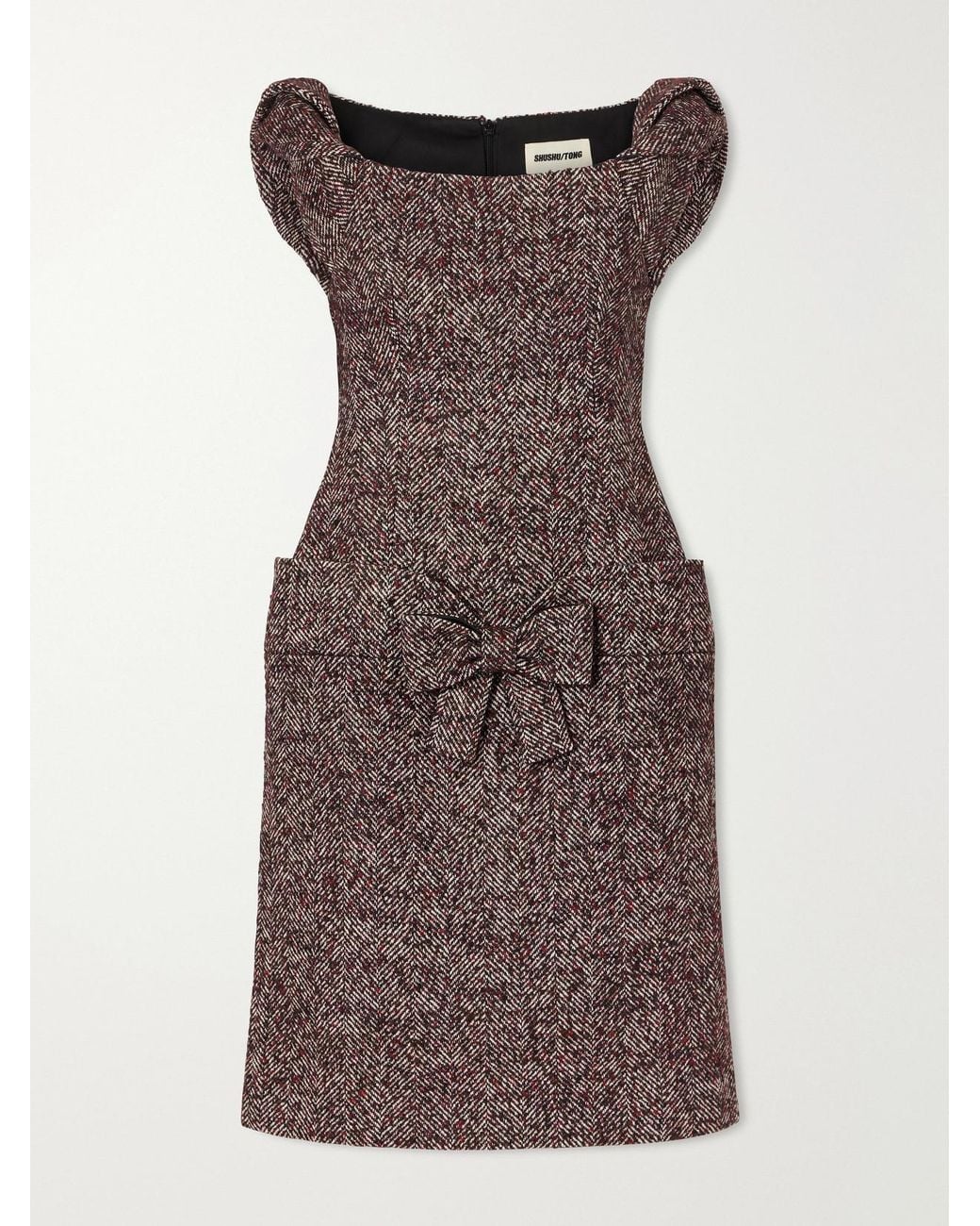 ShuShu/Tong Brown Bow-Detailed Wool-Blend Herringbone Midi Dress