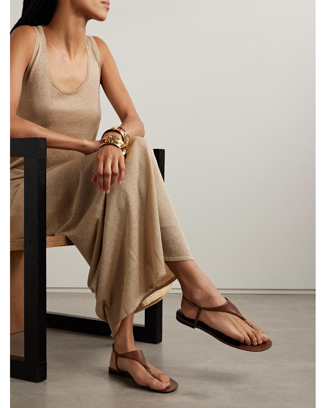 Saint Laurent Natural Cassandra Embellished Leather Slingback Sandals
