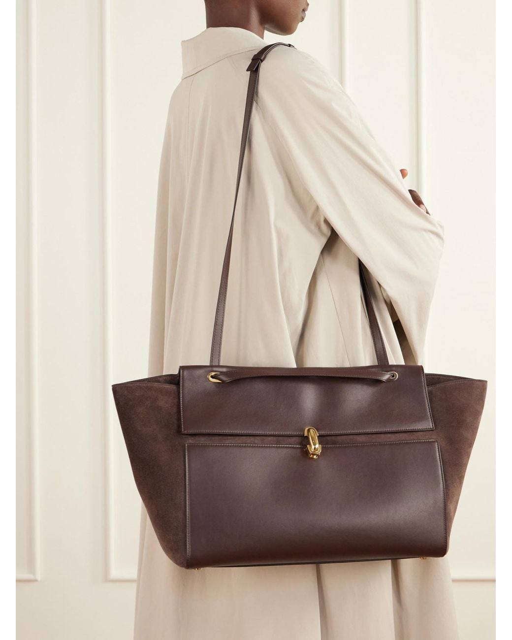 SAVETTE Brown Trapeze Leather-Trimmed Suede Shoulder Bag
