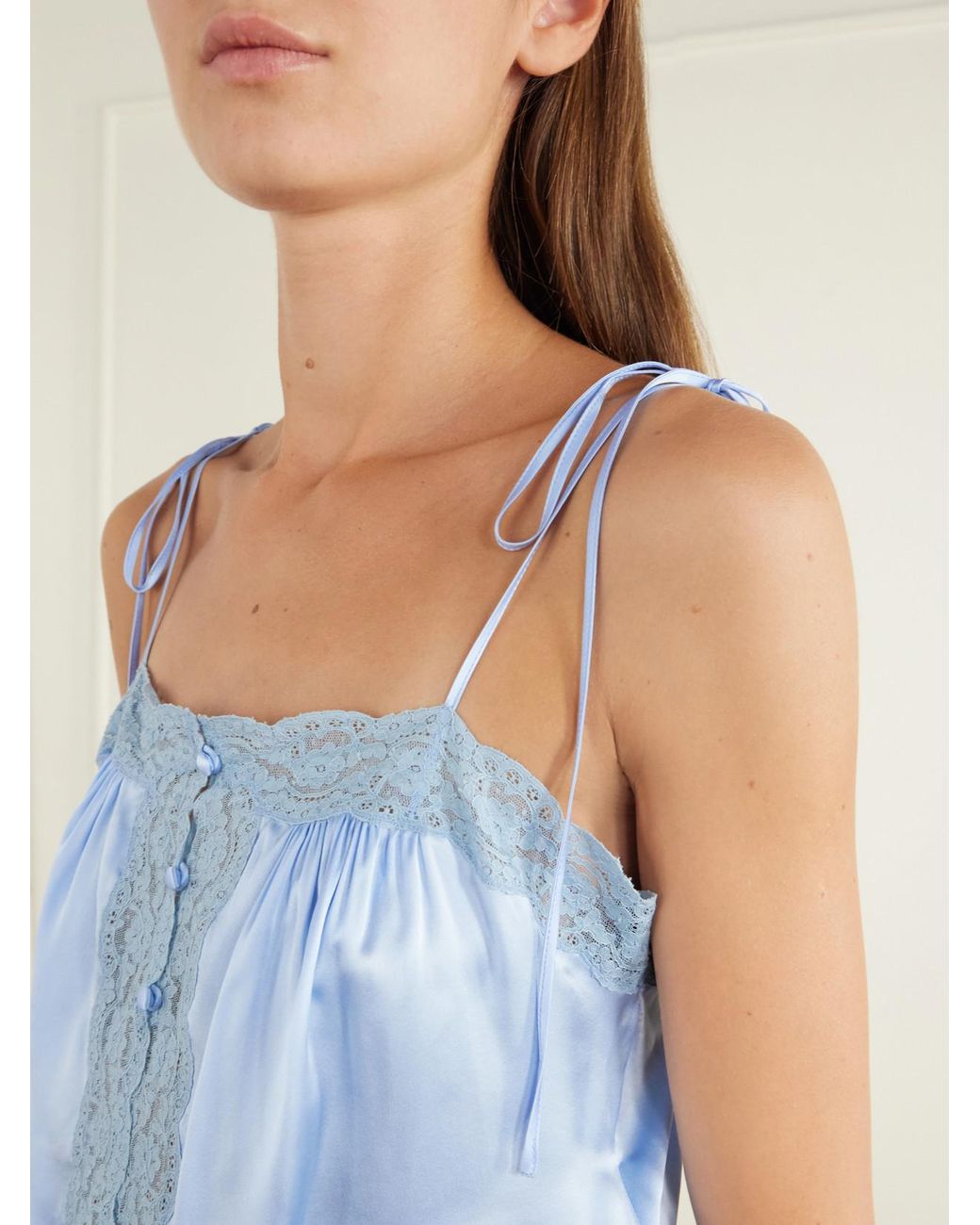 Chloé Blue Lace-Trimmed Silk-Satin Tank