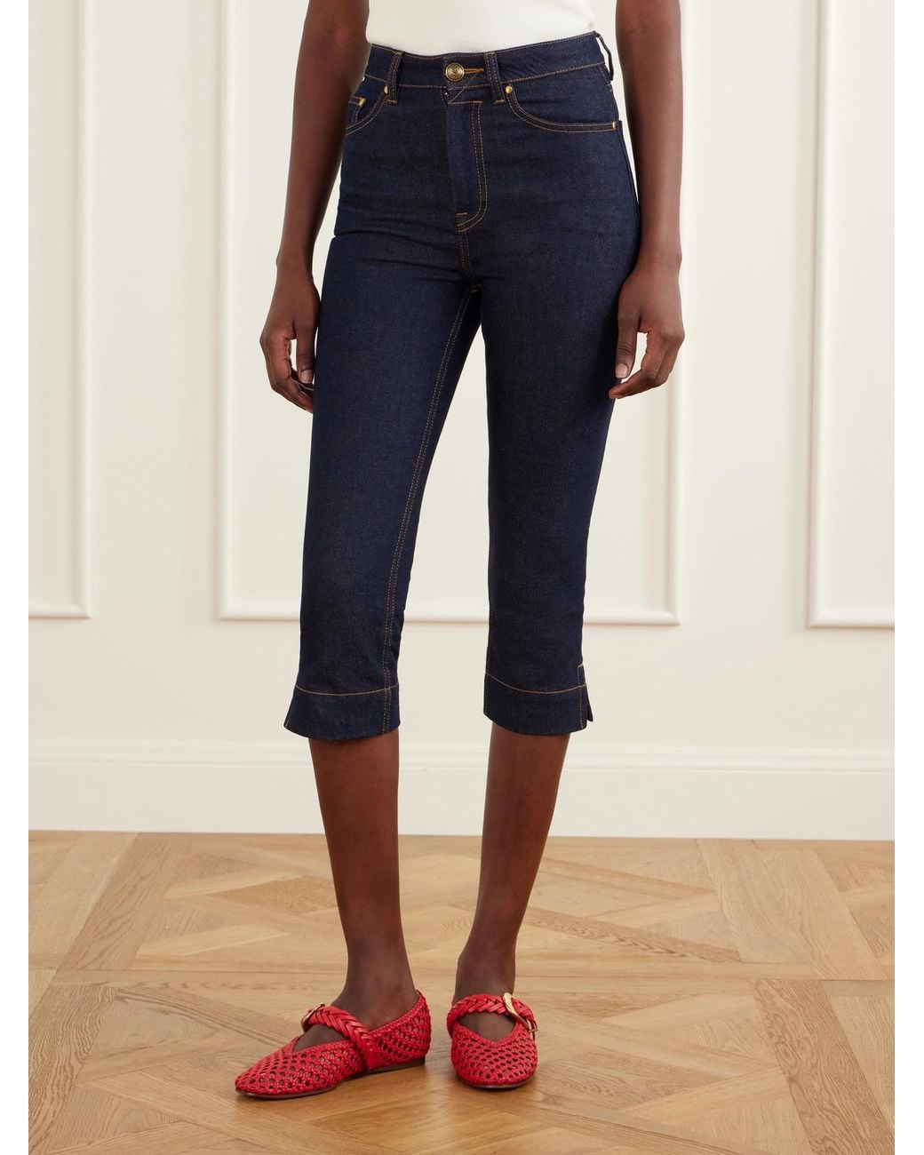 Zimmermann Blue Clash Embroidered High-Rise Slim-Fit Capri Jeans