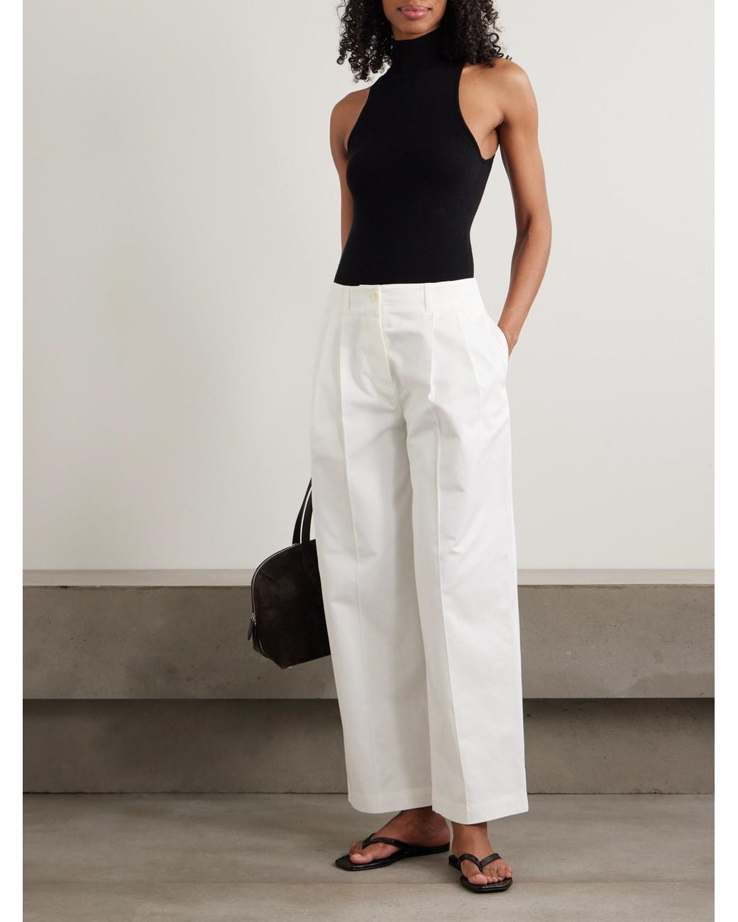 Totême White Pleated Cotton-Twill Wide-Leg Pants