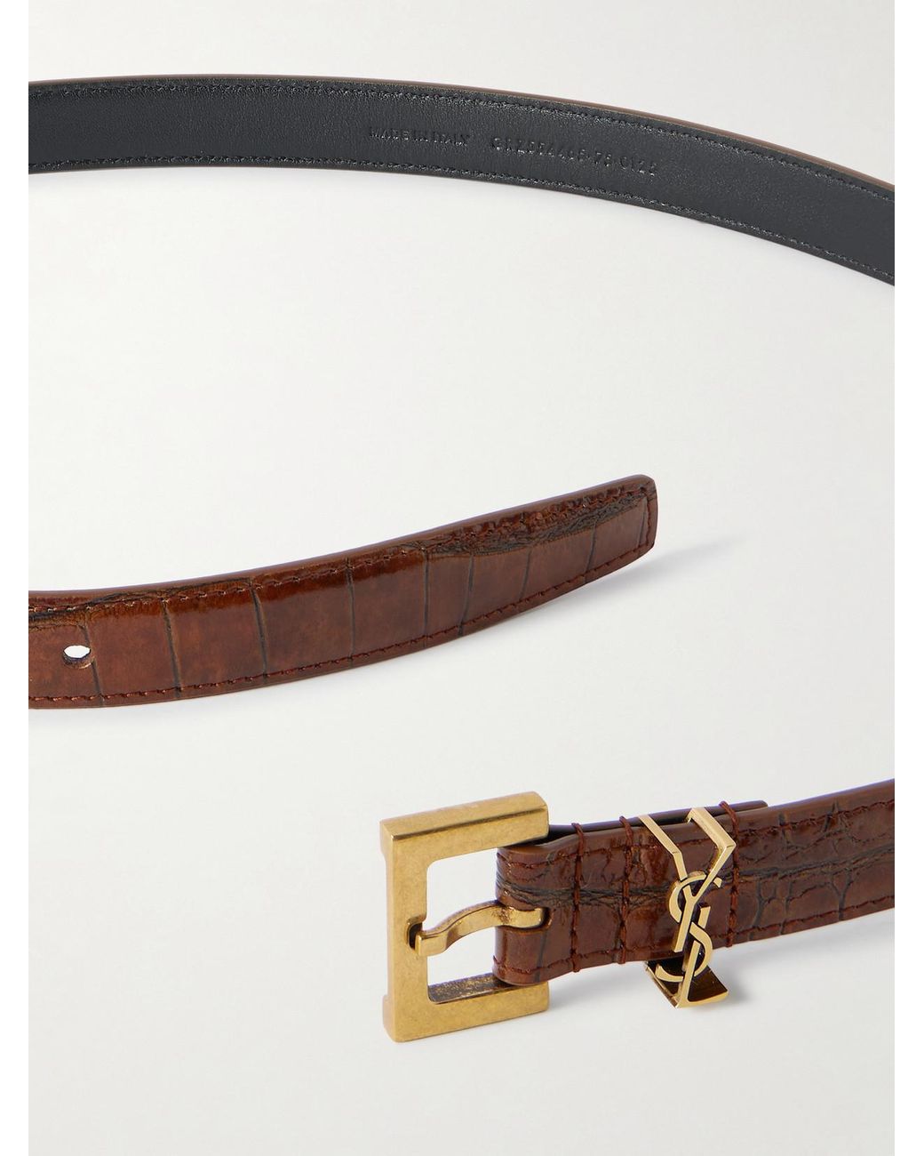 Saint Laurent Brown Cassandre Croc-Effect Leather Belt