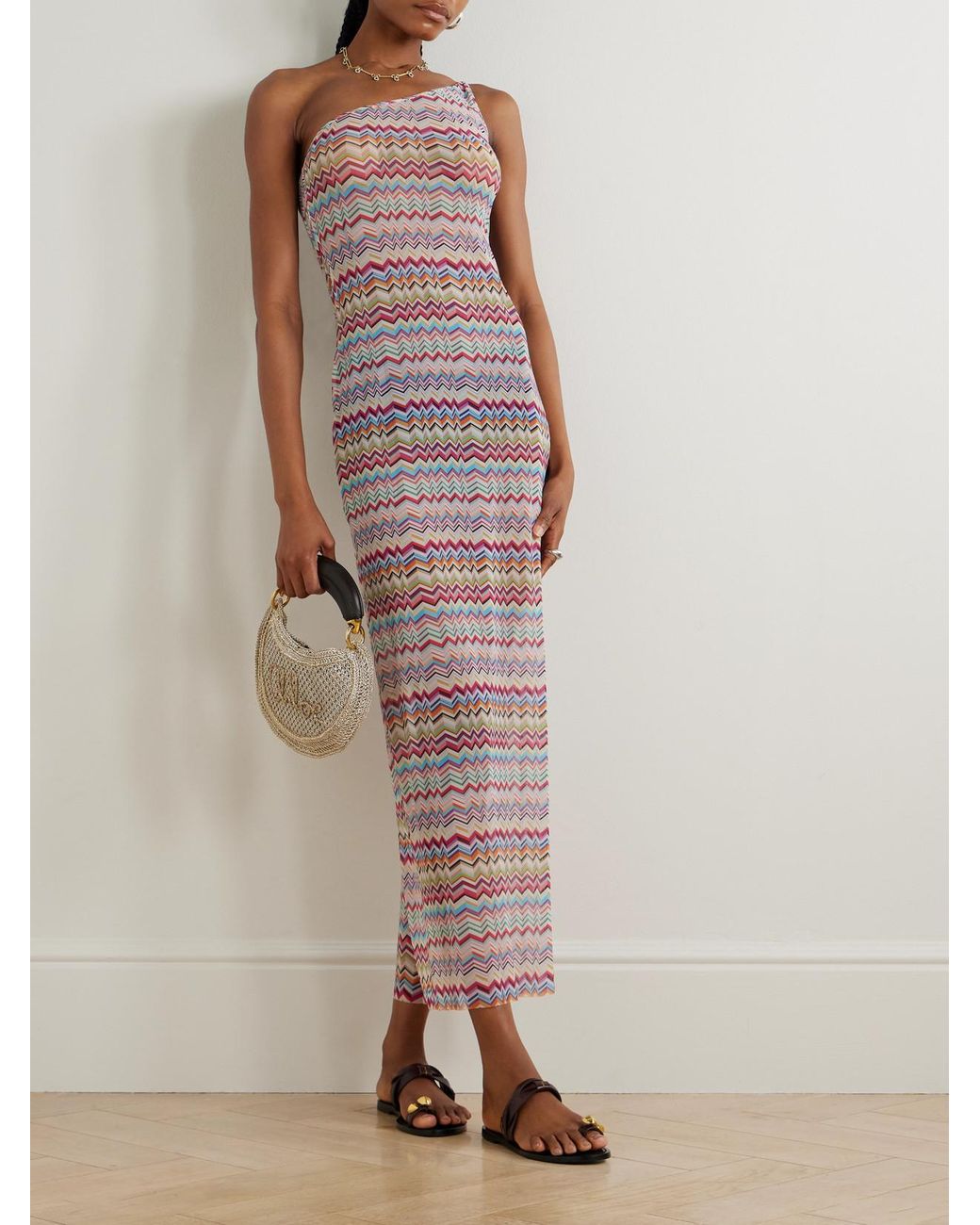 Missoni Pink One-Shoulder Striped Stretch-Mesh Coverup