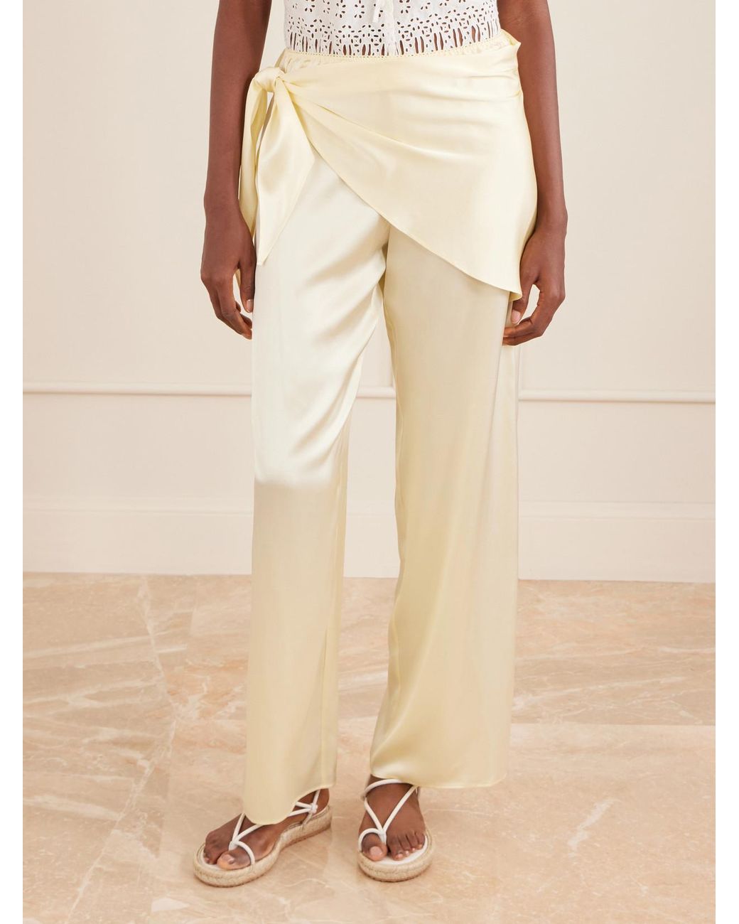Doen Natural Lavona Tie-Detailed Silk-Satin Wide-Leg Pants
