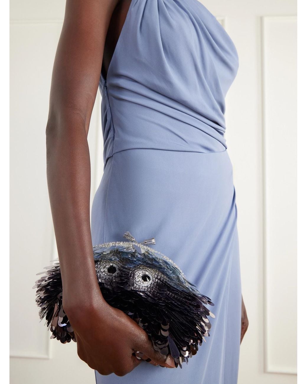 Anya Hindmarch Black Embellished Eyes Sequin-Trimmed Satin Clutch