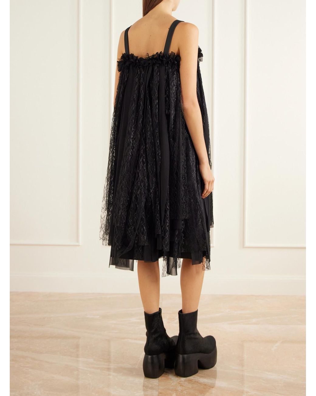 Comme des Garçons Black Ruffled Lace And Chiffon-Trimmed Drill Midi Dress