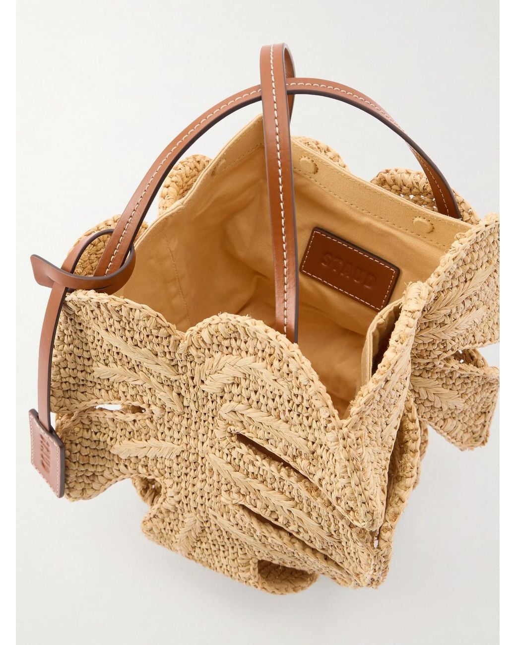 Staud Metallic Palm Leather-Trimmed Raffia Top Handle Bag