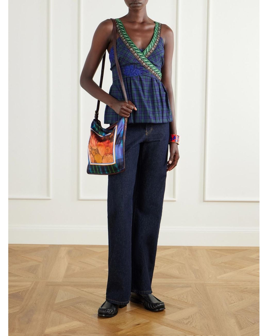 Dries Van Noten Blue Embellished Wrap Checked Cotton Top