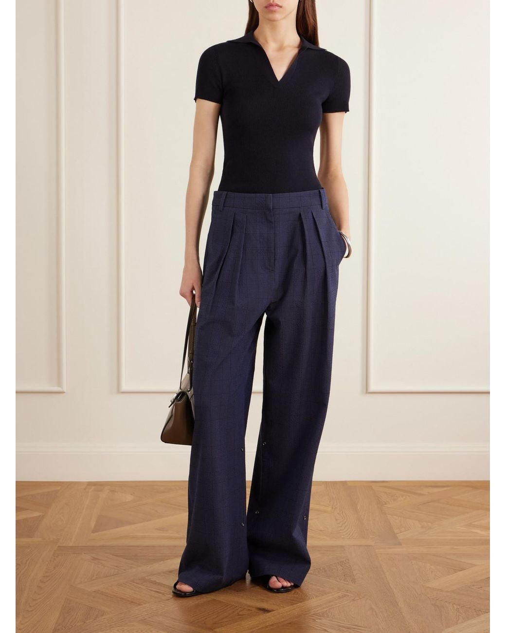 Tibi Blue Stella Pleated Checked Wool And Cotton-Blend Wide-Leg Pants