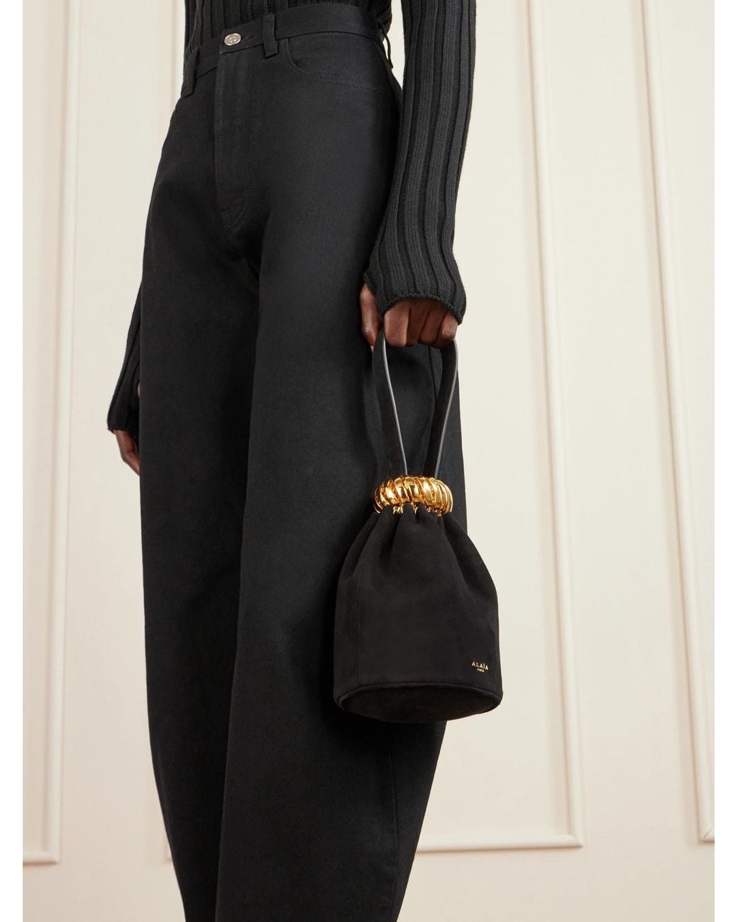 Alaïa Black Leather And-Tone Trimmed Suede Bucket Bag