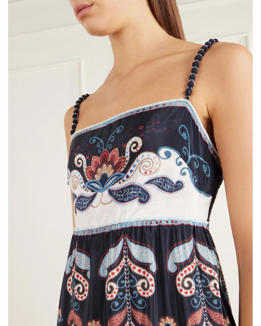 Farm Rio White Nikita Winter Bead-Embellished Printed Charmeuse Midi Dress