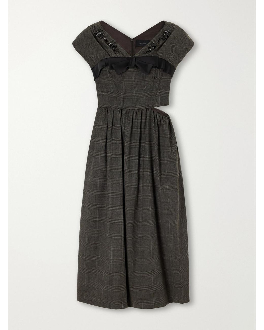 Simone Rocha Black Embellished Gathered Prince Of Wales Checked Wool-Blend Midi Dress