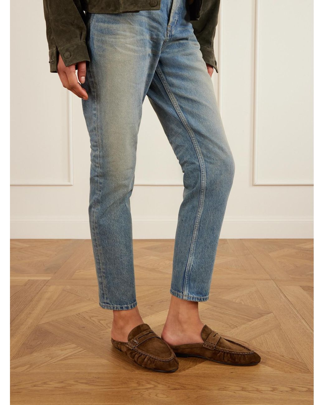Saint Laurent Brown Le Loafer Cassandre-Embellished Suede Mules
