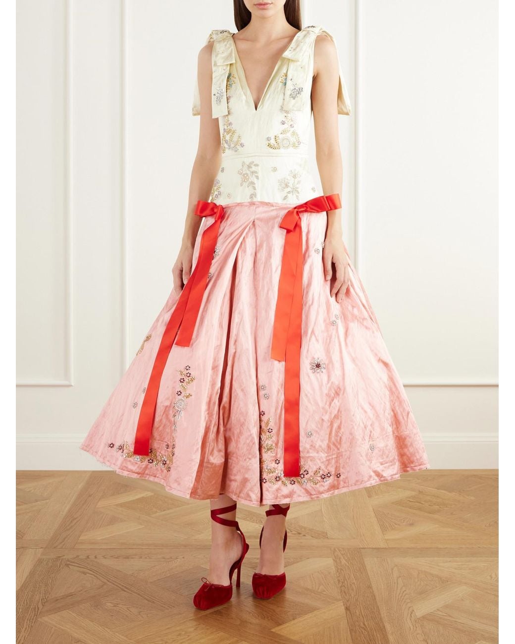 Erdem Red Bow-Detailed Crystal-Embellished Crinkled-Satin Midi Gown