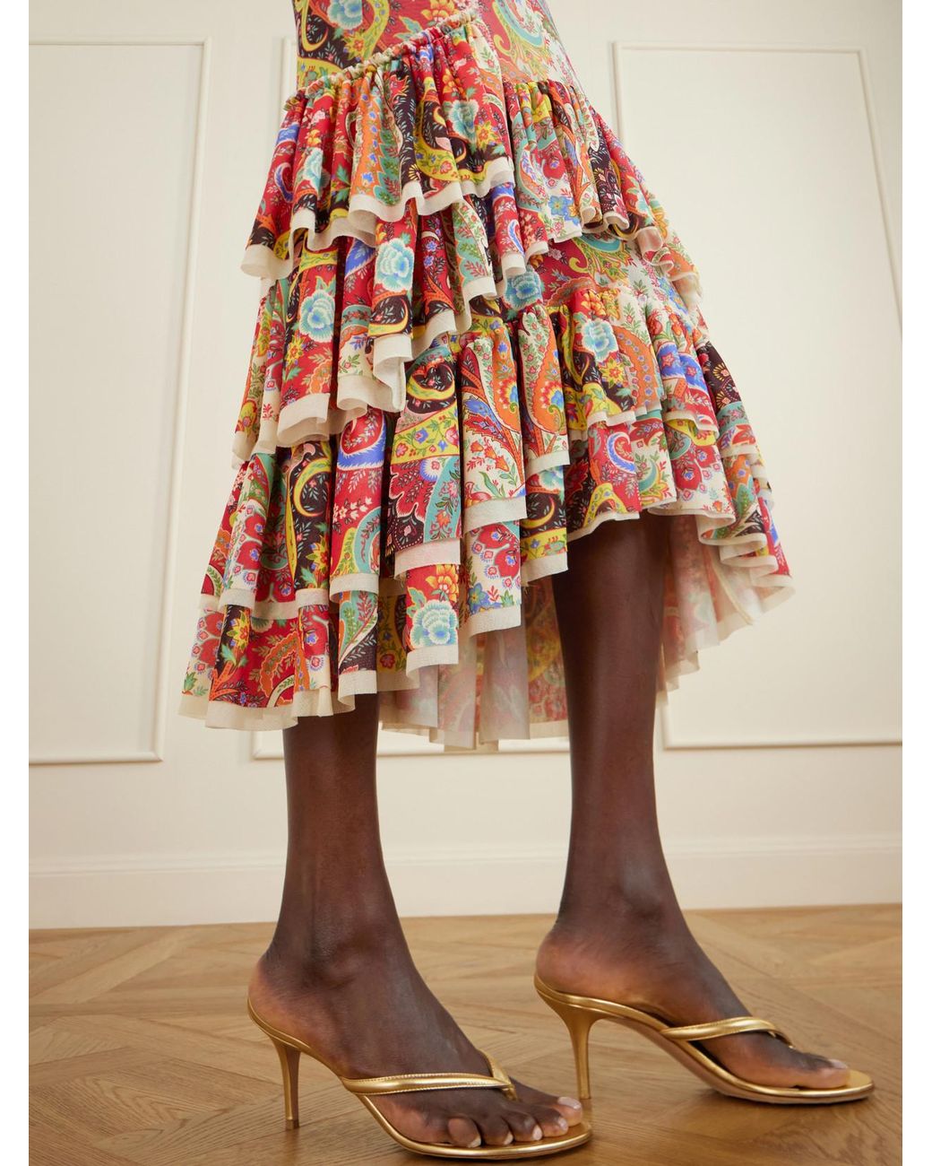 Etro White Ruffled Paisley-Print Chiffon Midi Dress