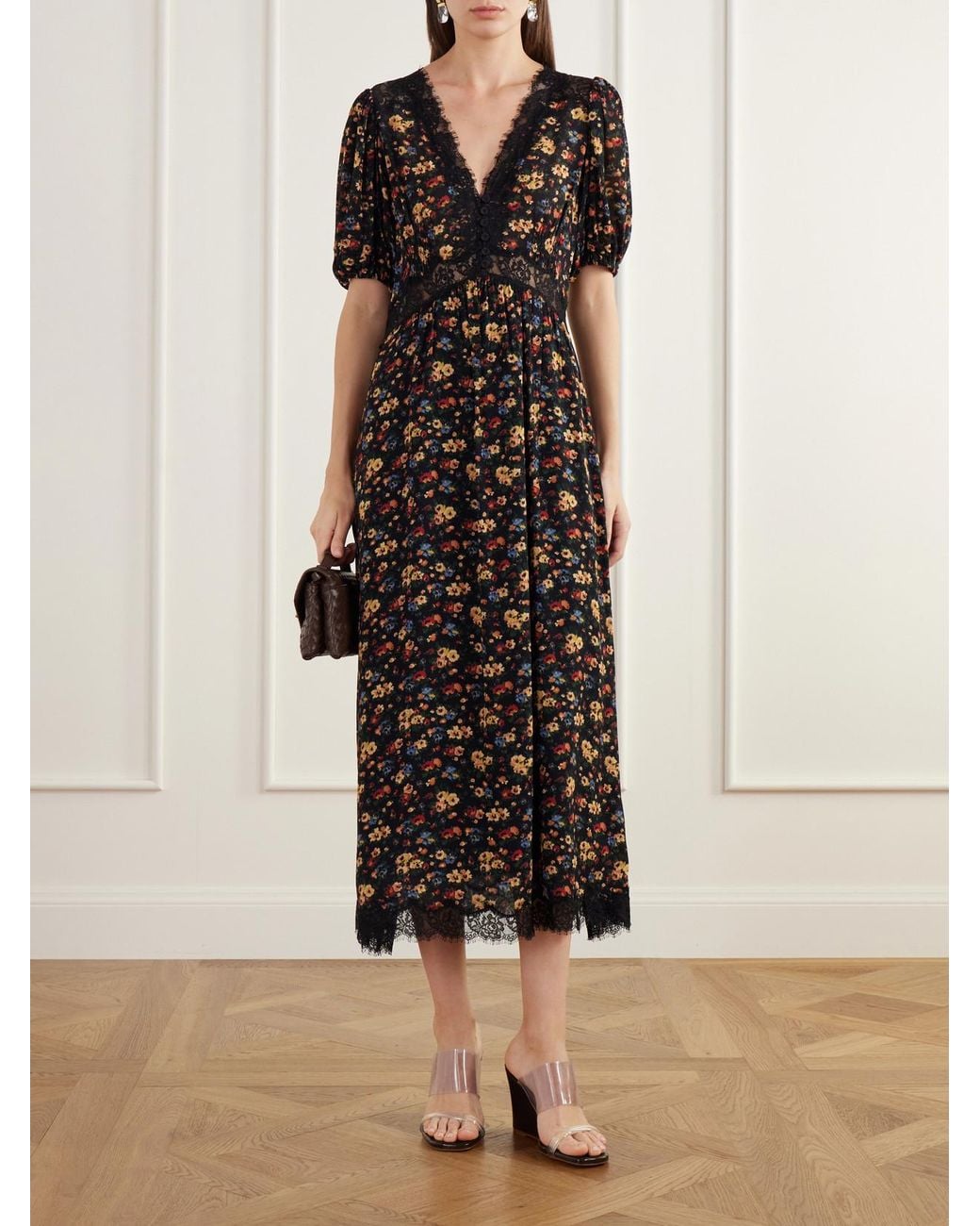 Sea Black Kaiya Floral-Print Lace-Trimmed Crepe De Chine Midi Dress