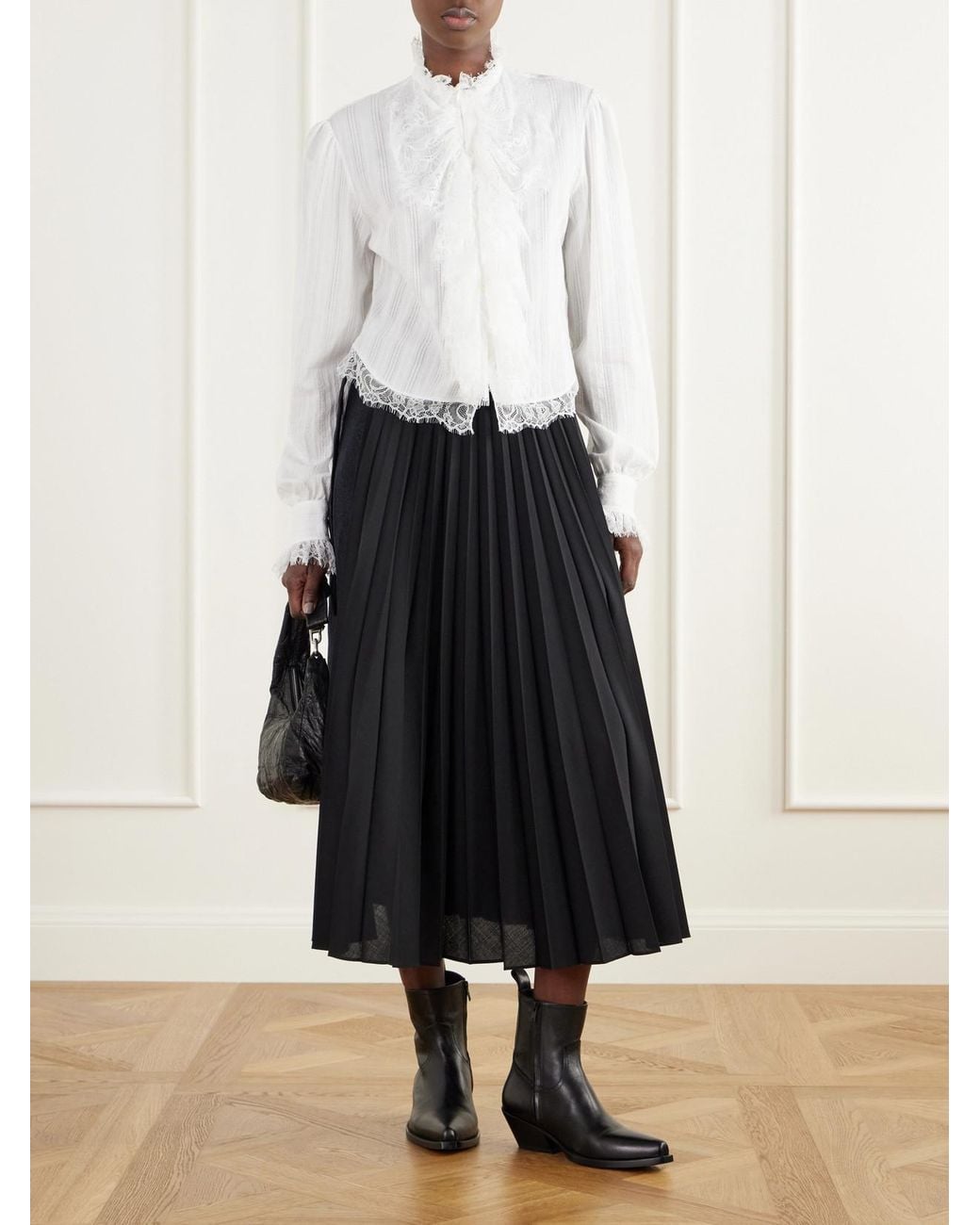Ann Demeulemeester White Freda Cropped Ruffled Lace-Trimmed Openwork Cotton-Jacquard Blouse