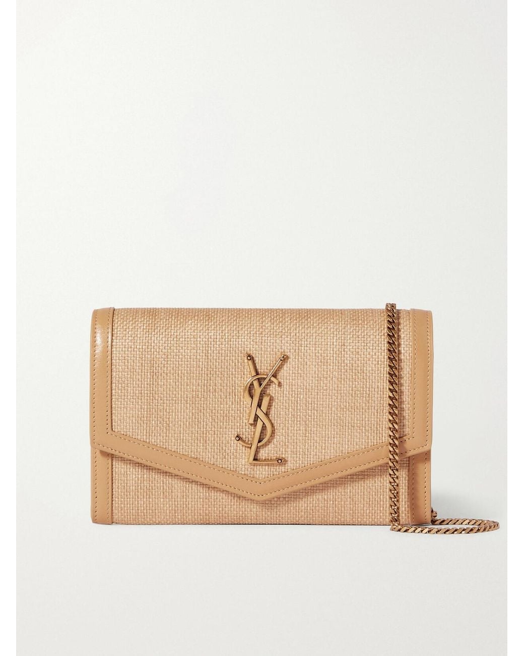 Saint Laurent Natural Uptown Micro Leather-Trimmed Raffia Shoulder Bag