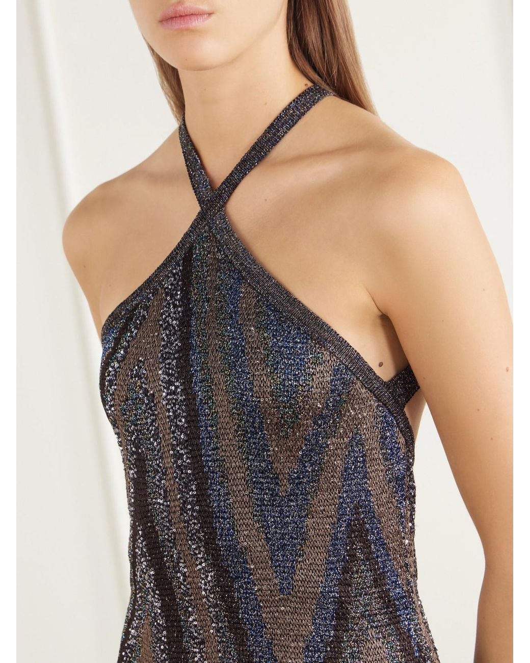 Missoni Multicolor Halterneck Sequin-Embellished Striped Metallic Crochet-Knit Mini Dress