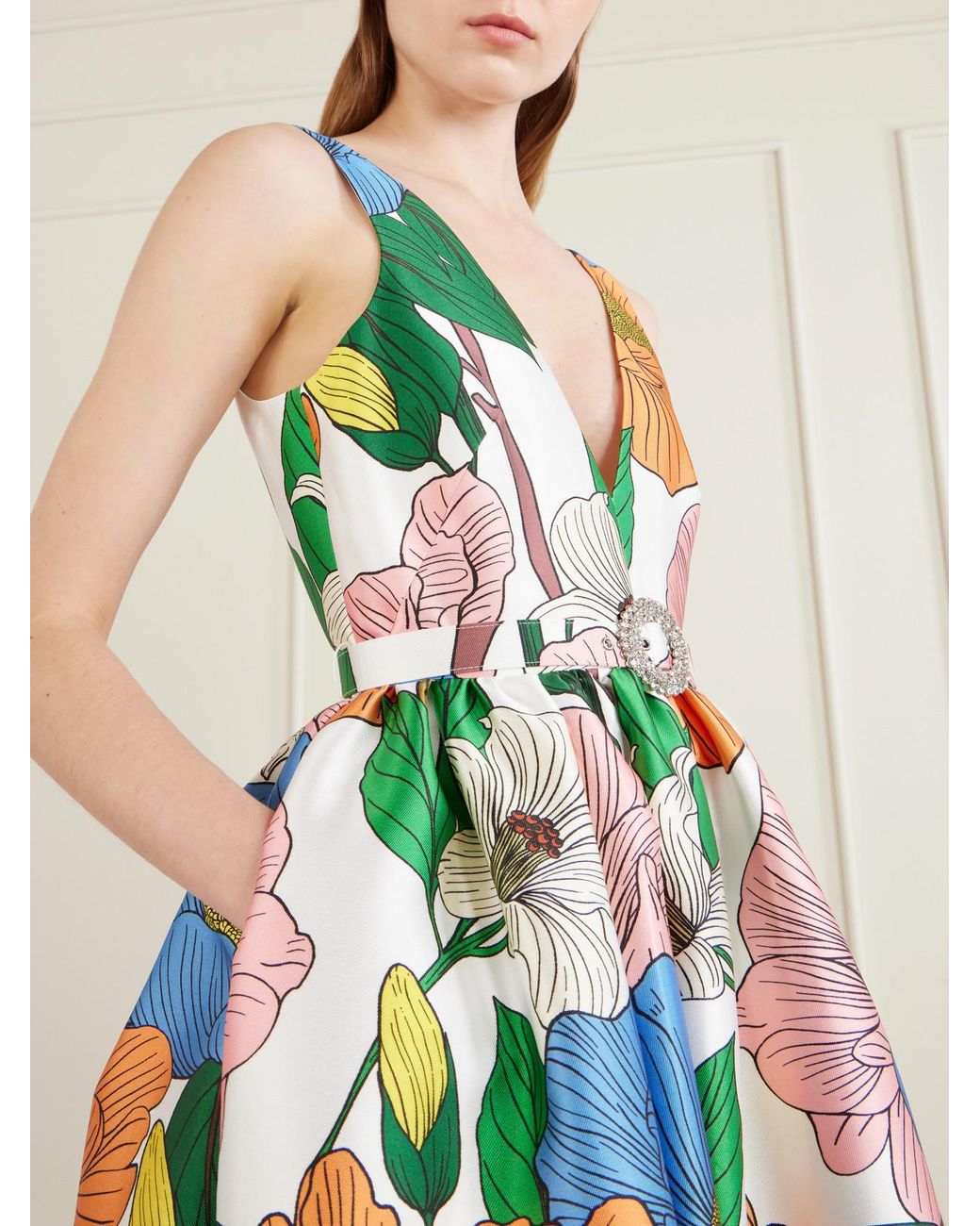 Borgo De Nor White Isabella Belted Floral-Print Taffeta Maxi Dress