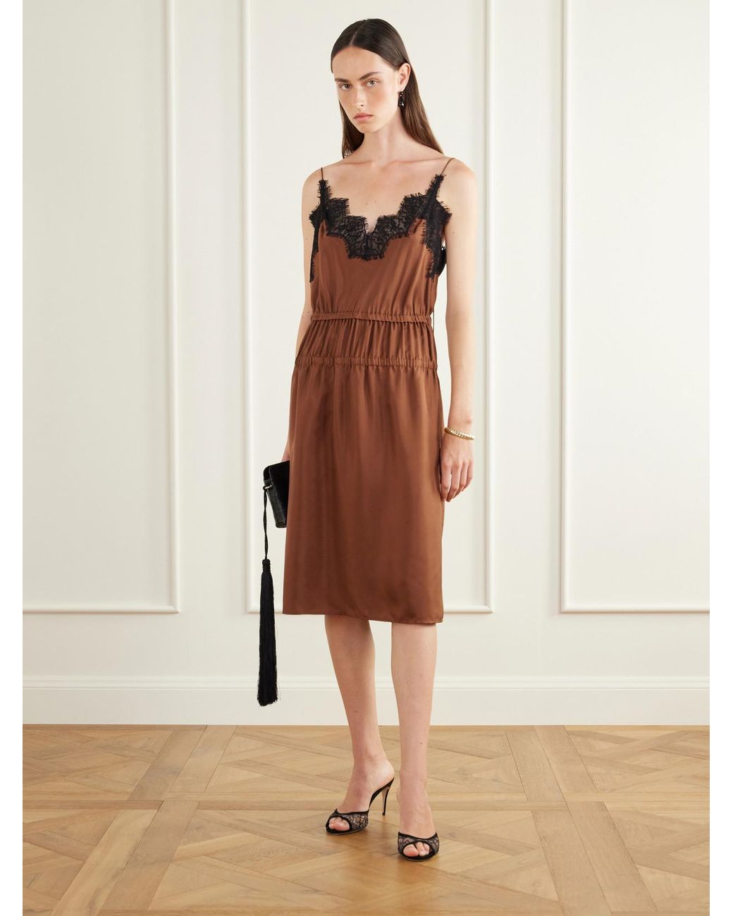 Rohe Brown Camura Lace-Trimmed Shirred Silk-Satin Midi Dress