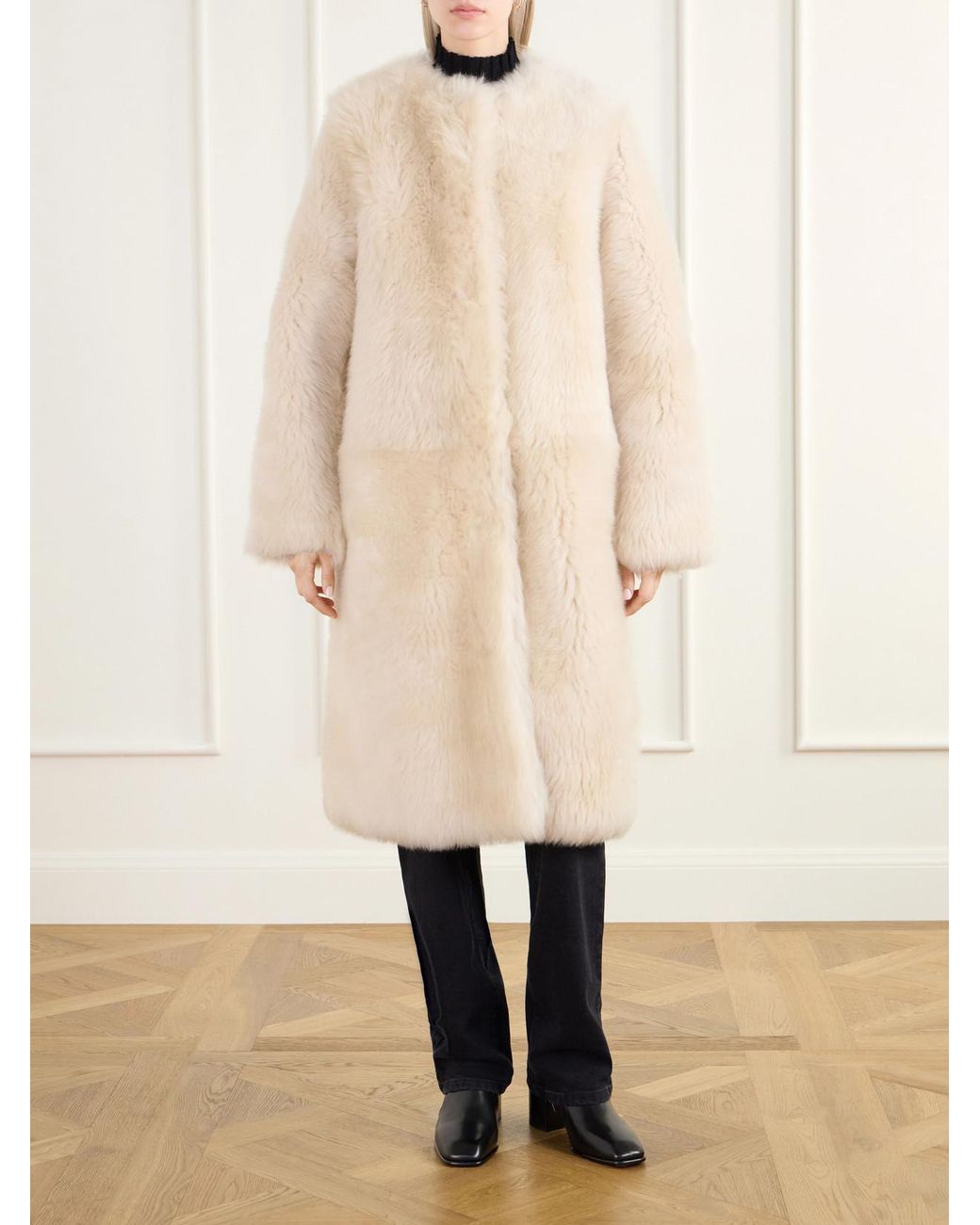 Almala Natural Gemma Collarless Paneled Shearling Coat