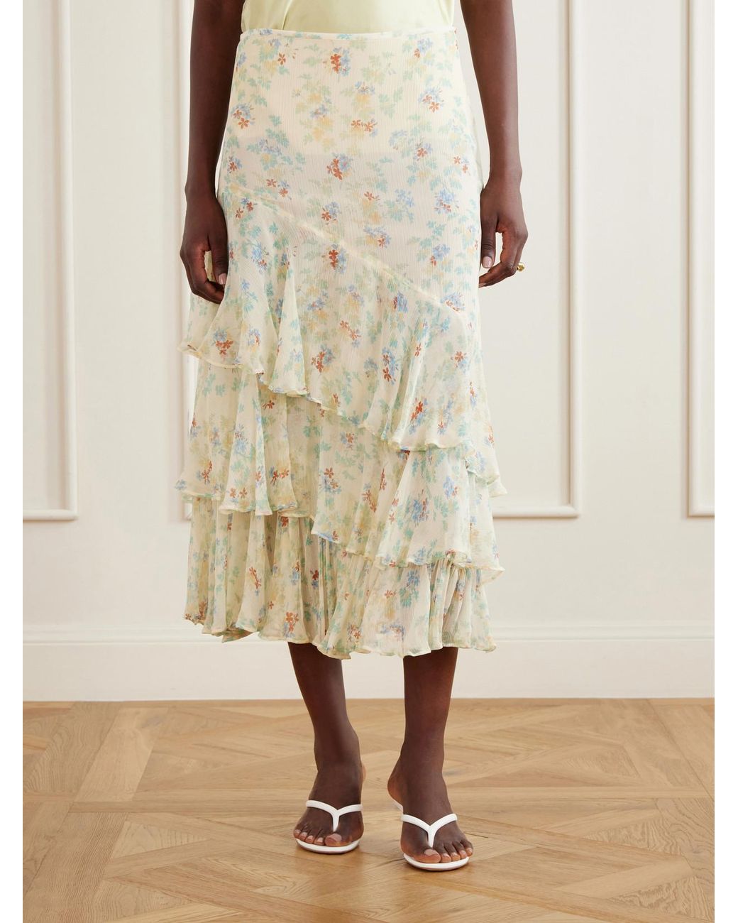 Ulla Johnson Natural Meadow Floral-Print Crepon-Silk Midi Skirt