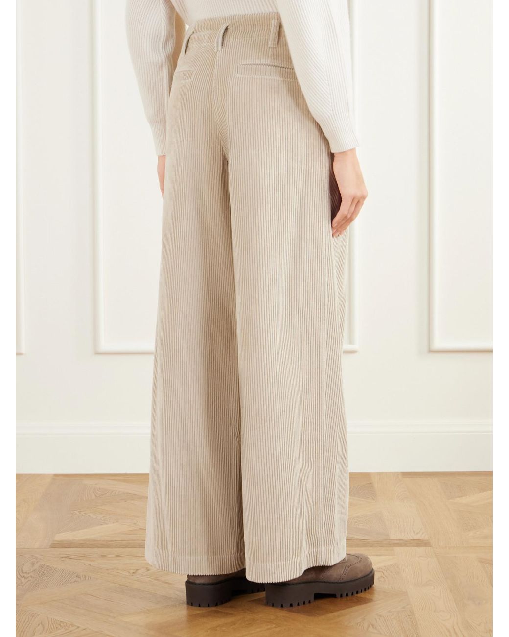 Brunello Cucinelli Natural Cotton-Corduroy High-Rise Wide-Leg Pants