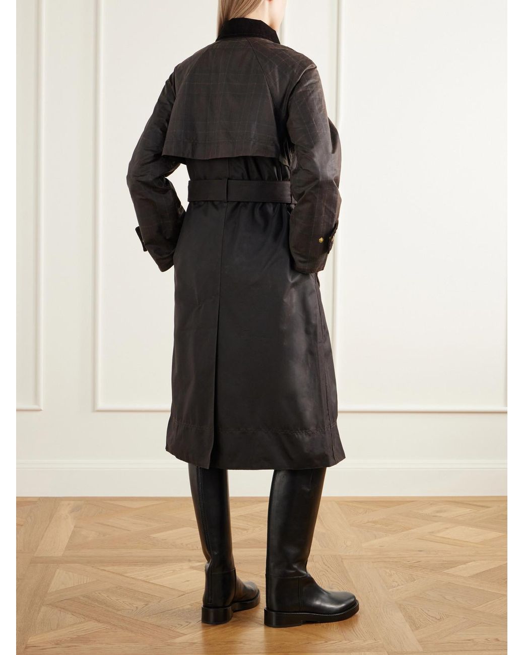 Barbour Black Elva Double-Breasted Belted Corduroy-Trimmed Waxed Cotton-Canvas Coat