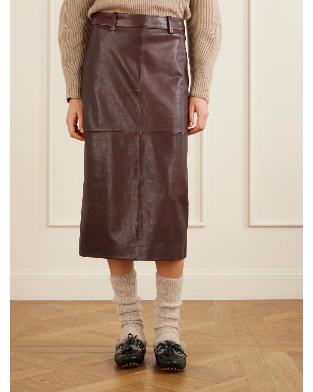 Brunello Cucinelli Brown Paneled Leather Midi Skirt
