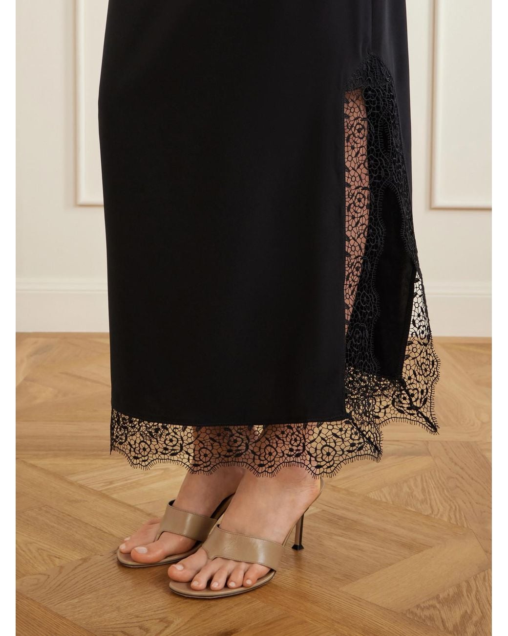 La Ligne Black Phoenix Lace-Trimmed Silk-Blend Midi Skirt