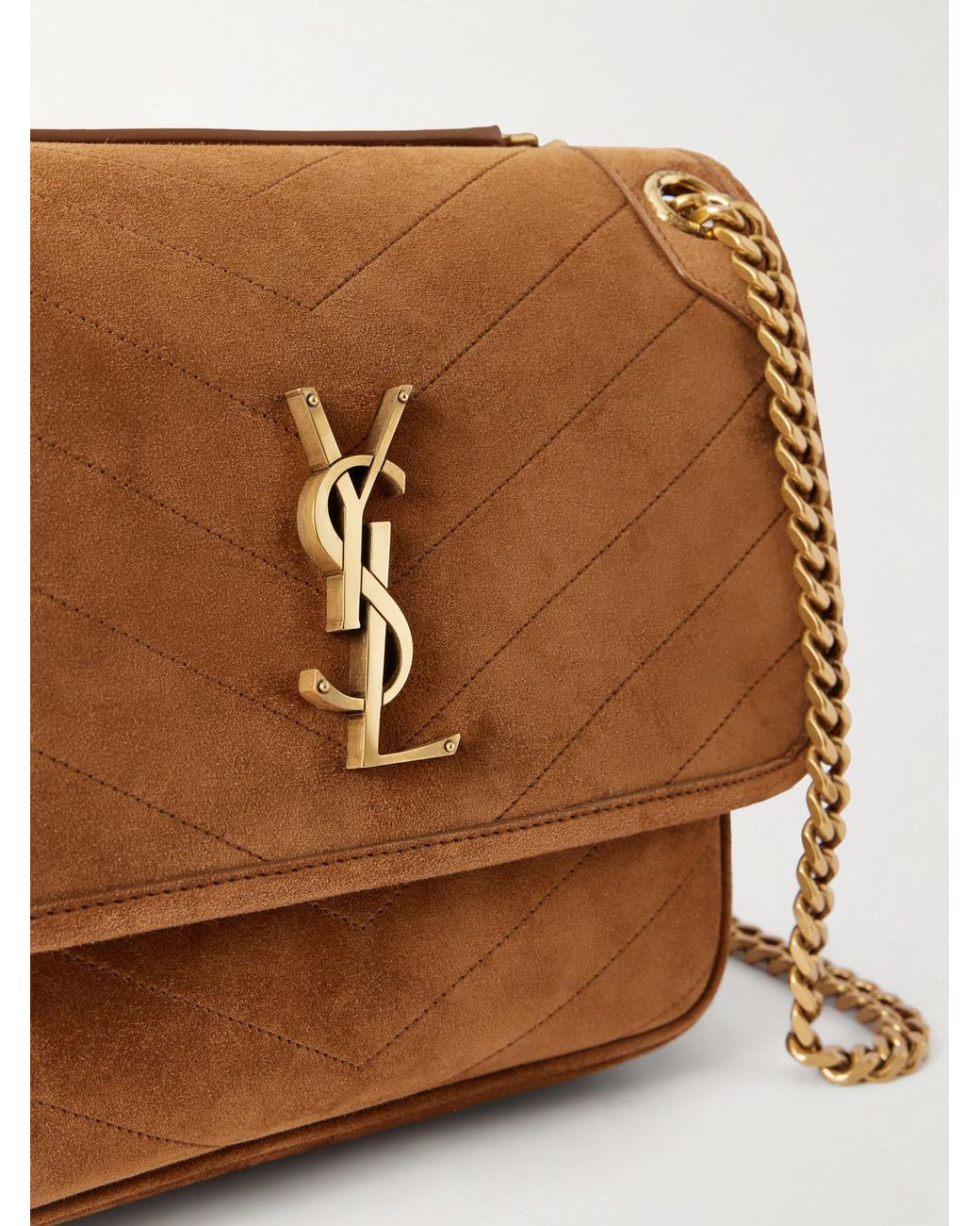 Saint Laurent Brown Niki Cassandre-Embellished Suede Shoulder Bag