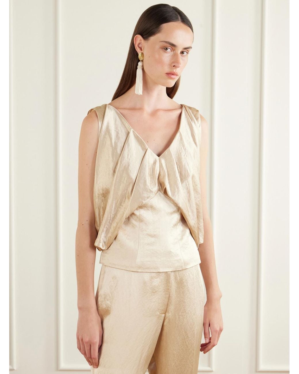 Abadia Natural Laila Pleated Satin Blouse