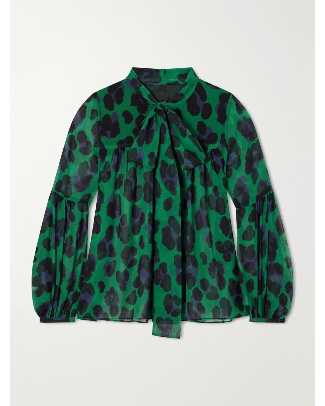Anna Sui Green Knotted Gathered Leopard-Print Georgette Blouse