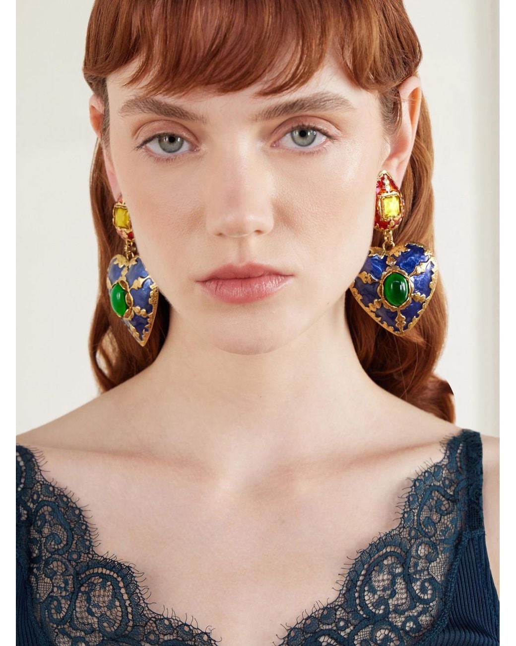 Saint Laurent Blue Bo Coeur-Tone Crystal-Embellished And Enamel Earrings