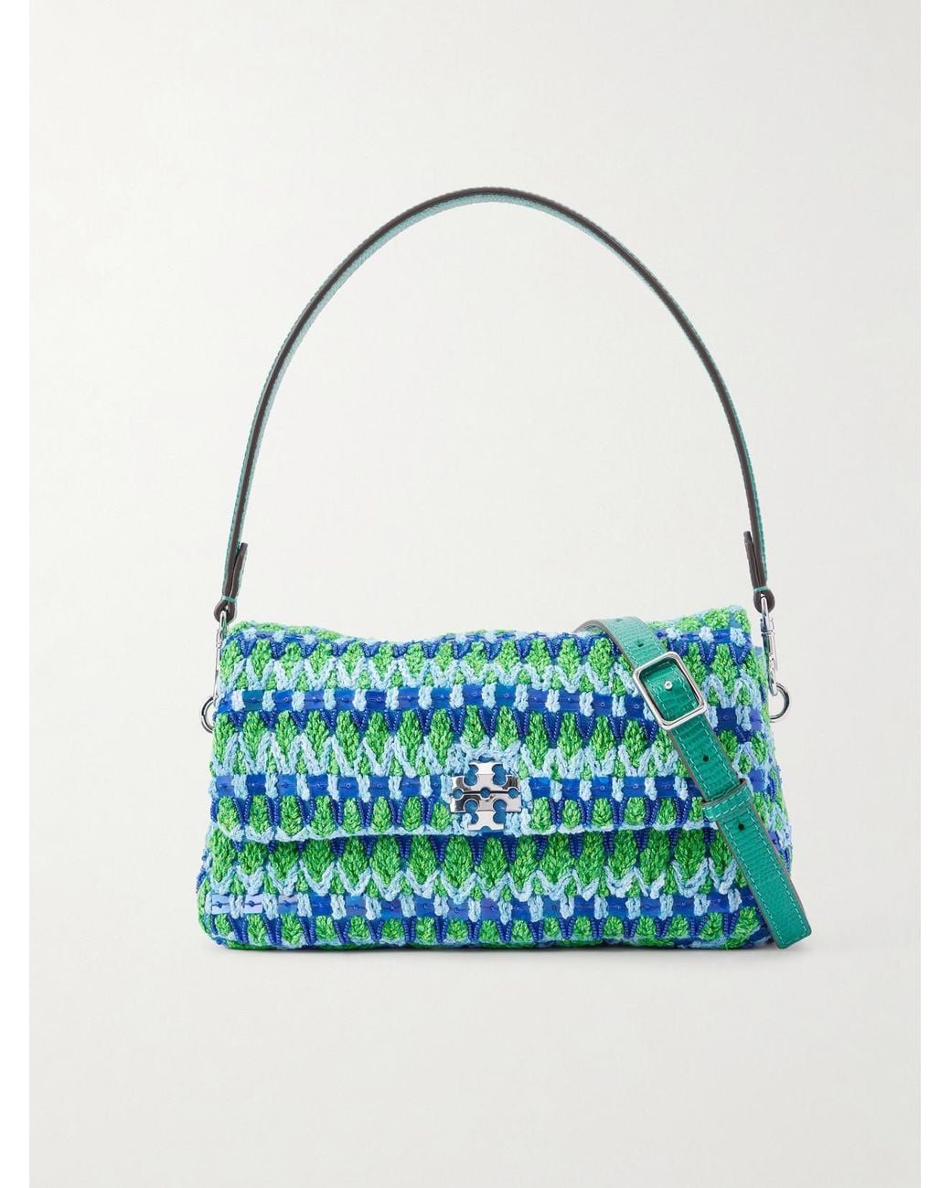 Tory Burch Blue Charlie Embellished Snake-Effect Leather-Trimmed Crocheted Shoulder Bag