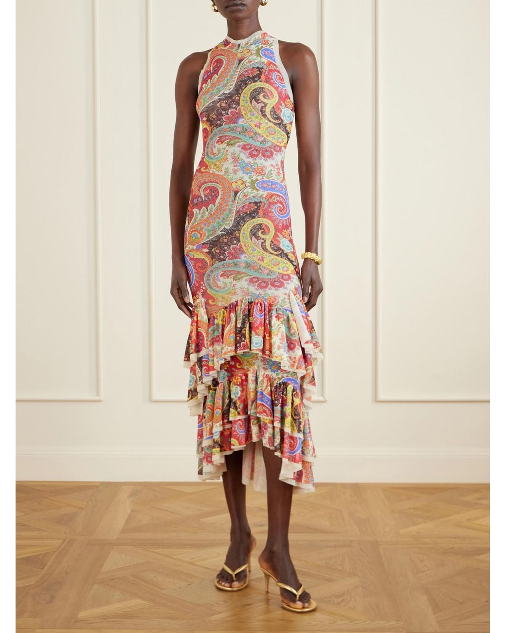 Etro White Ruffled Paisley-Print Chiffon Midi Dress