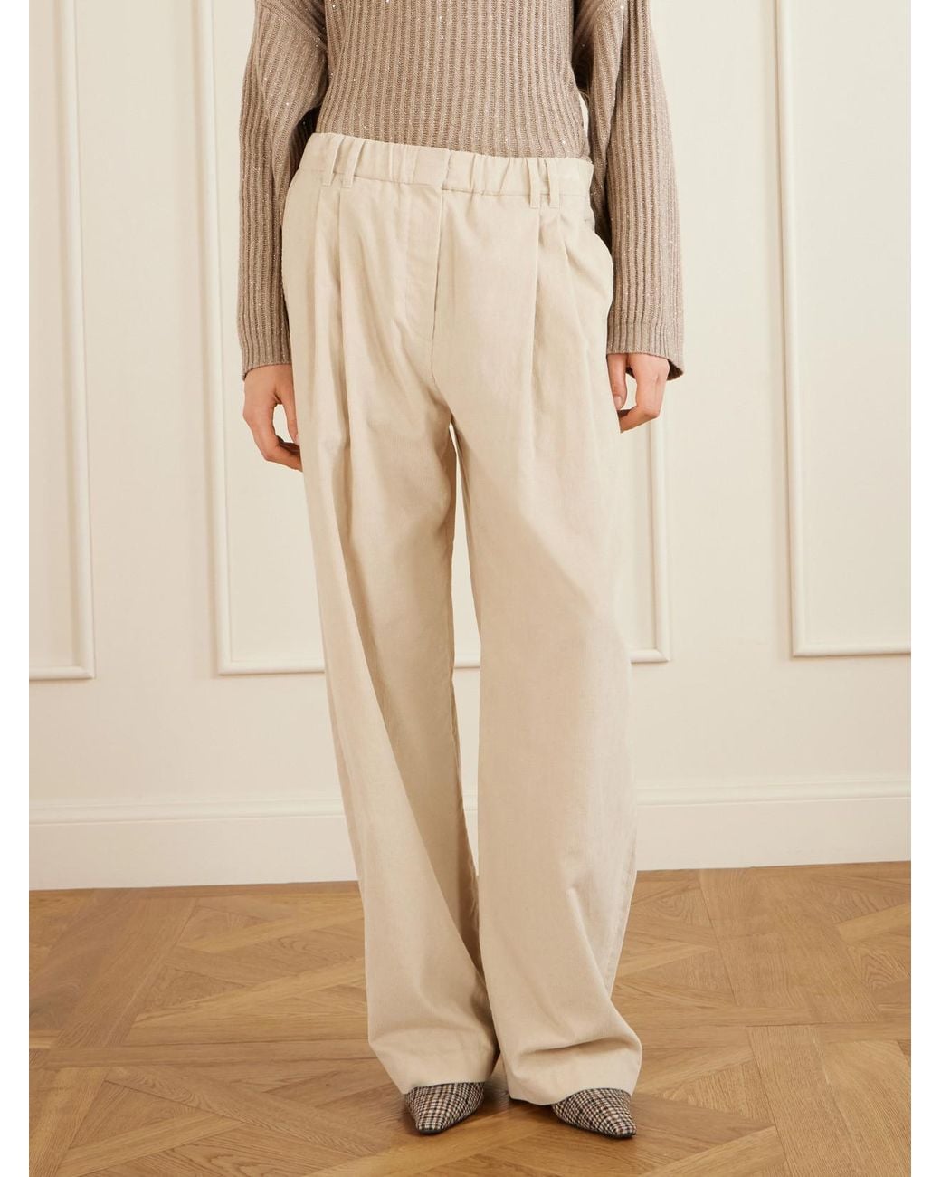 Brunello Cucinelli Natural Pleated Cotton, Lyocell And Cashmere-Blend Corduroy Wide-Leg Pants