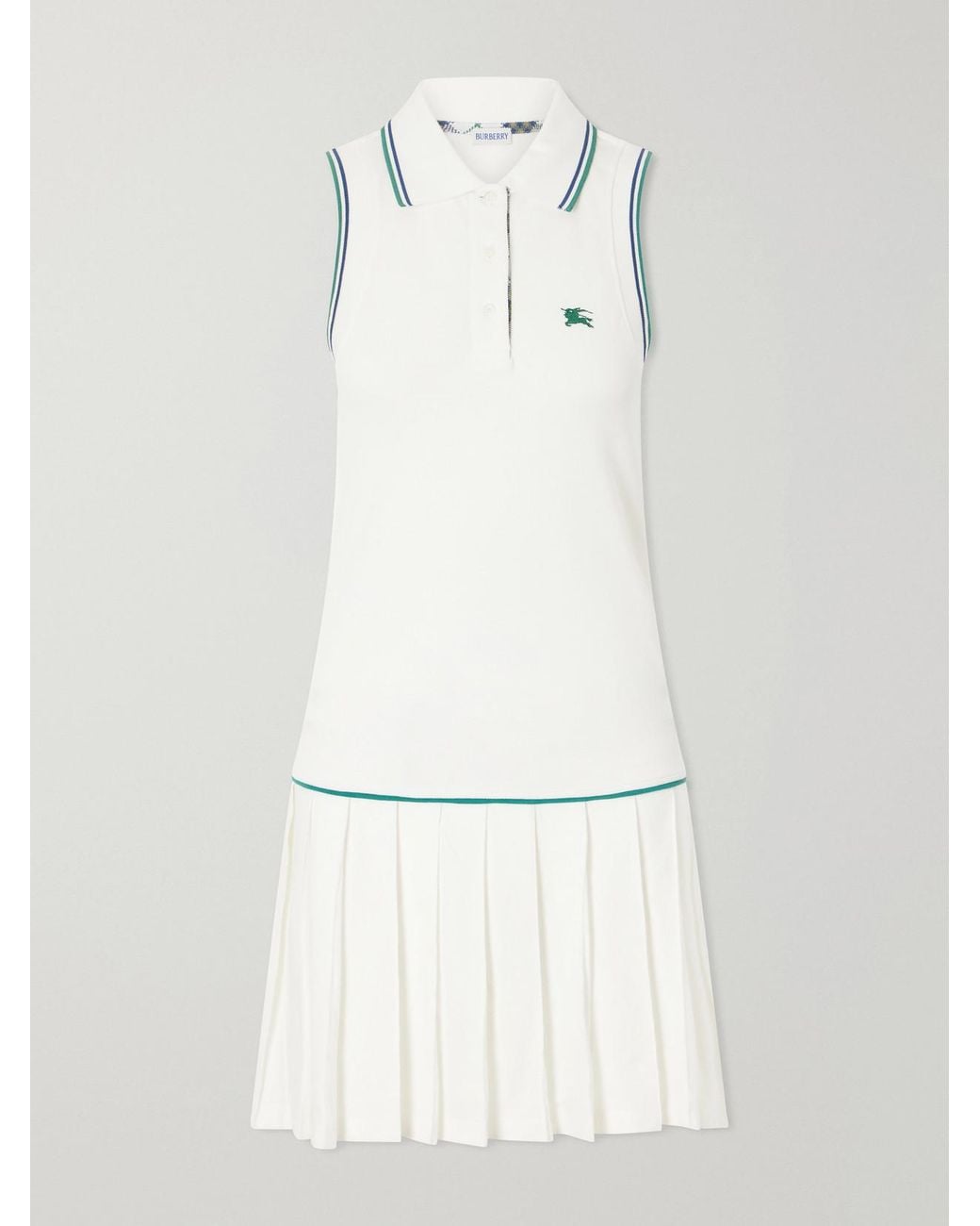 Burberry White Logo-Embroidered Pleated Cotton Dress