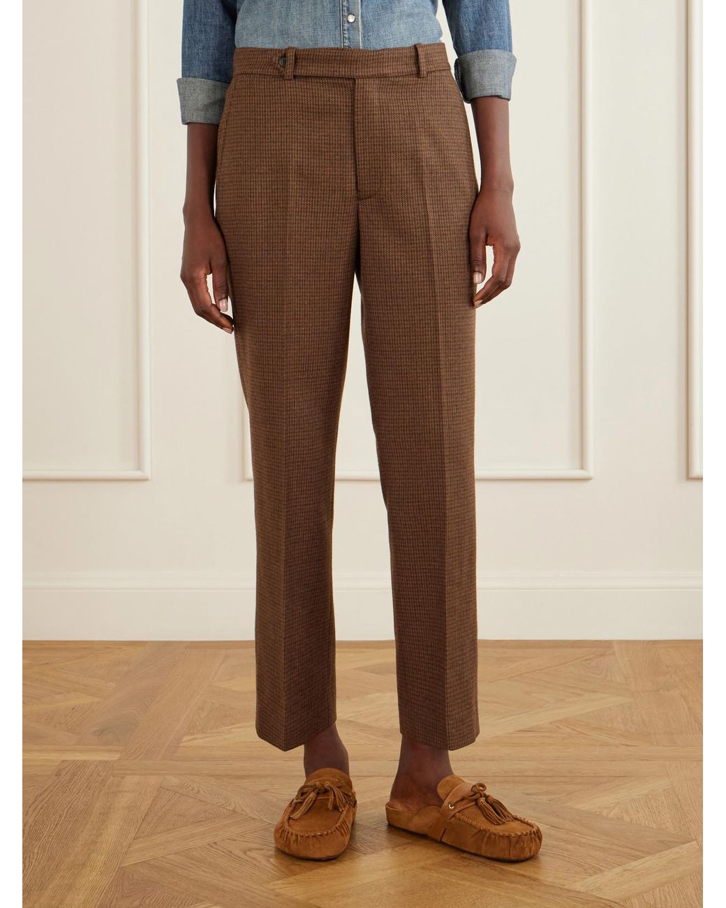Polo Ralph Lauren Brown Houndstooth Cotton-Blend Straight-Leg Pants