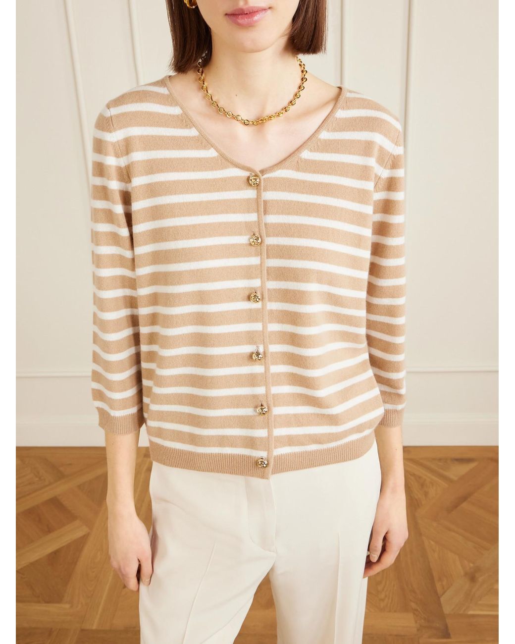 Allude Natural Striped Cashmere Cardigan