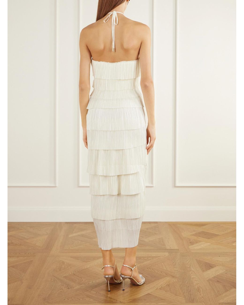 Cult Gaia White Patrizia Bustier Halterneck Tiered Plissé-Satin Midi Dress