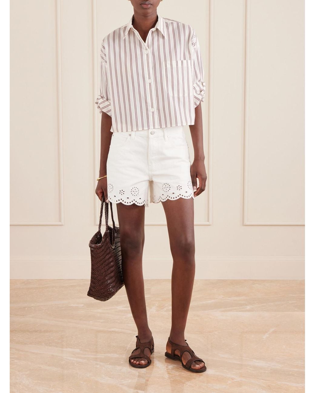 FRAME White Broderie Anglaise-Trimmed Denim Shorts