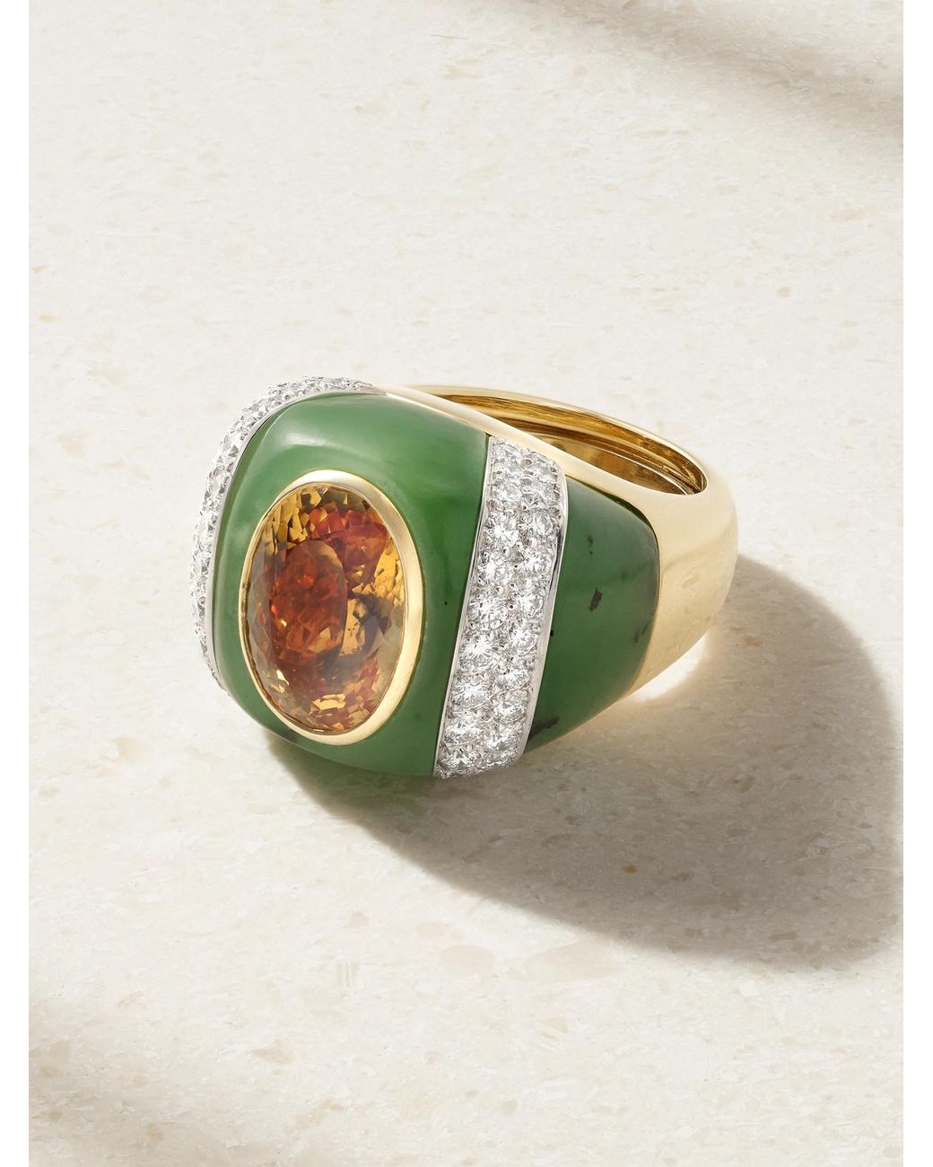 David Webb Green Double Stripe 18-Karat And Platinum Topaz, Jade And Diamond Ring