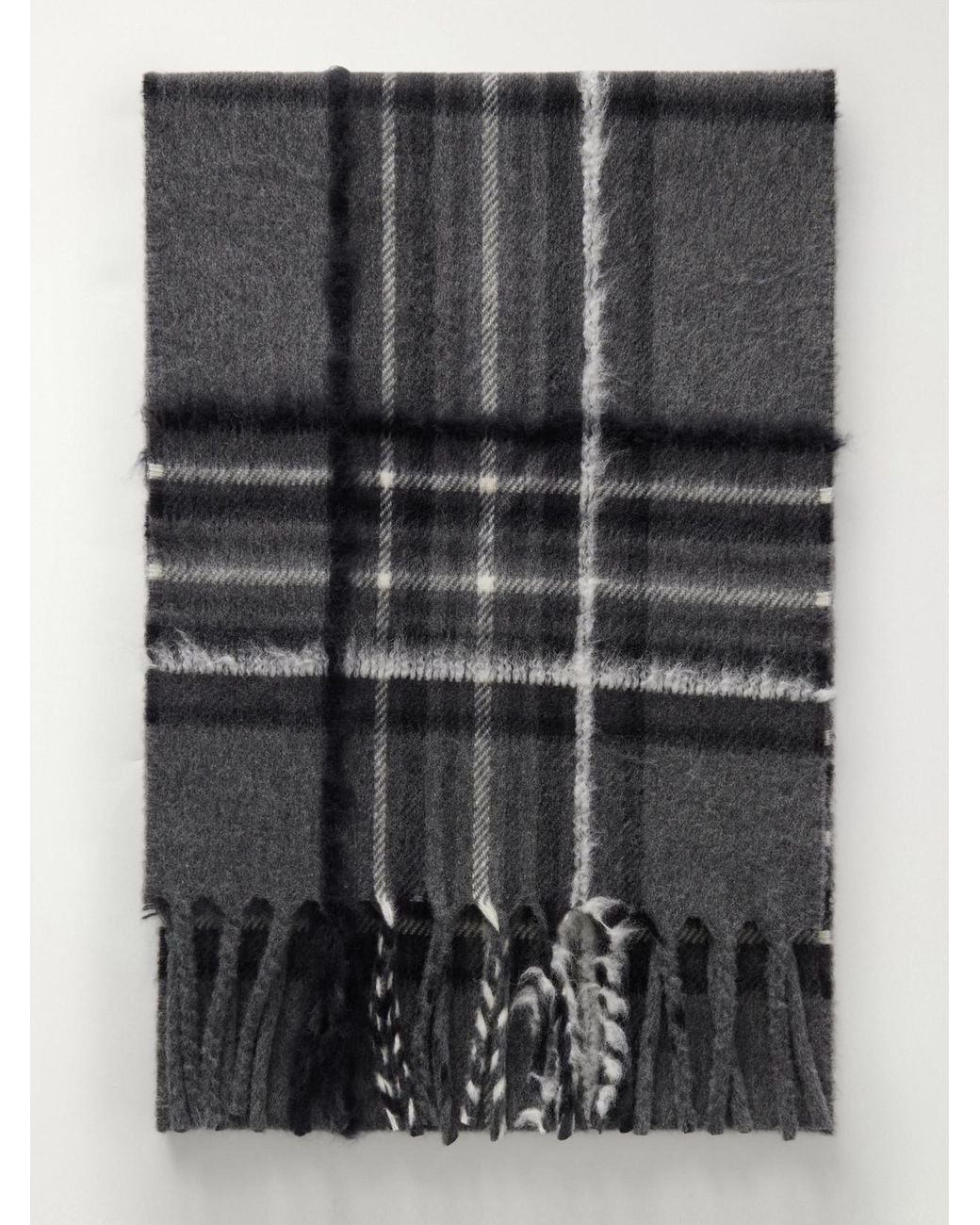 Johnstons Gray Mull Fringed Checked Wool, Cashmere And Silk-Blend Scarf