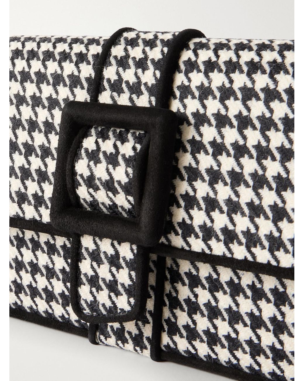 Manolo Blahnik Black Maycap Suede-Trimmed Houndstooth Wool Clutch