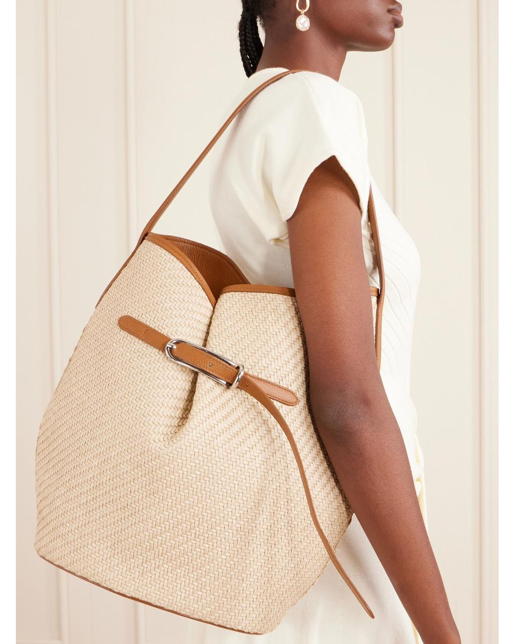 Liffner Natural Buckled Leather-Trimmed Woven Raffia Shoulder Bag