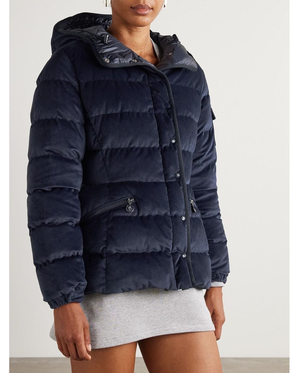 Moncler Blue Barante Quilted Velour Hooded Down Jacket