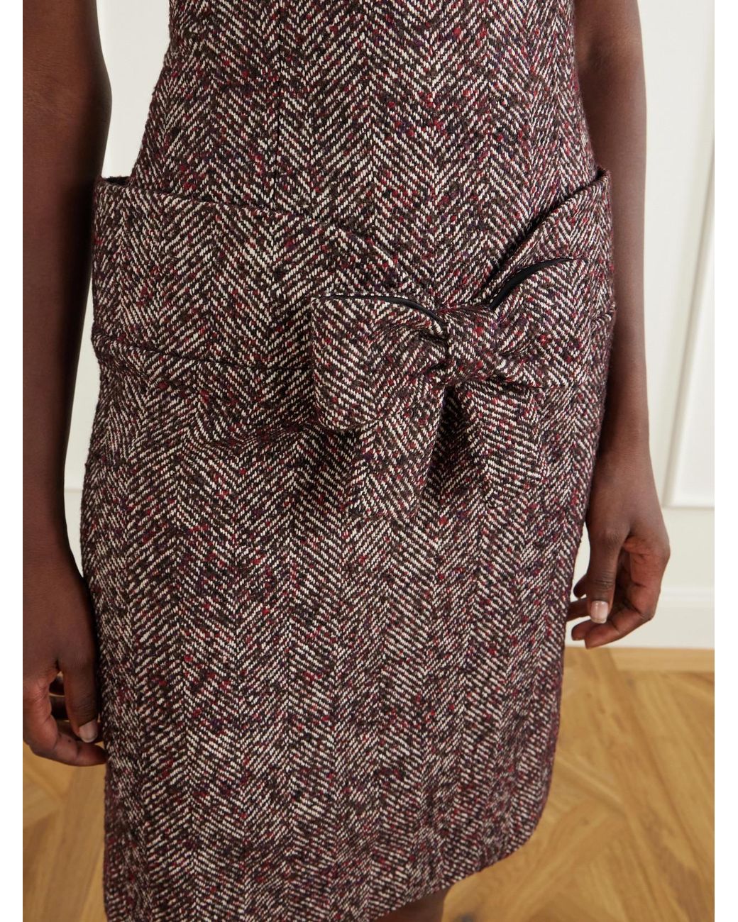 ShuShu/Tong Brown Bow-Detailed Wool-Blend Herringbone Midi Dress
